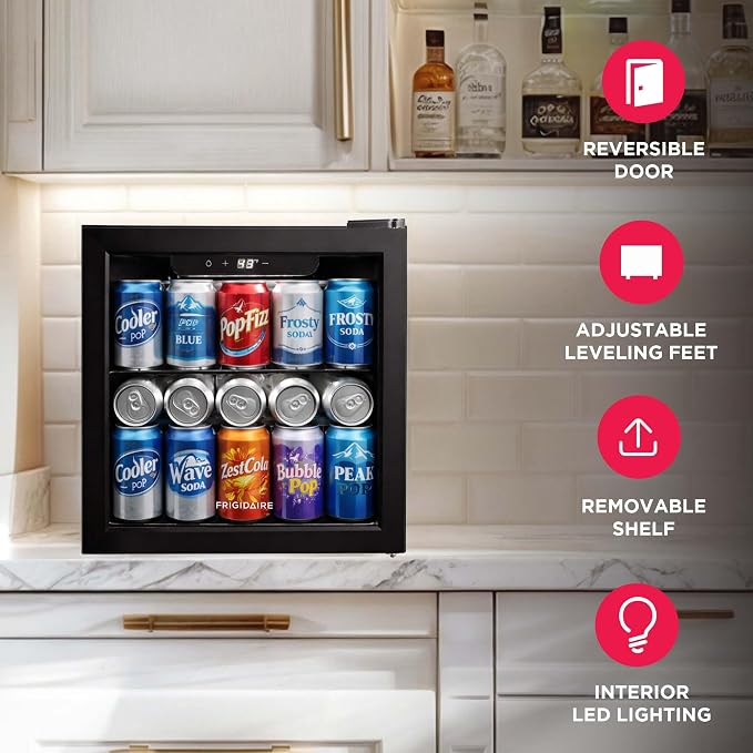 FRIGIDAIRE 12-Bottle Cooler, 1.2 Cu. Ft. Glass Door Beverage Refrigerator, Digital Display Mini Fridge with Touch Controls, Adjustable Shelves, LED Lighting & Quiet Compressor Cooling - Image 3