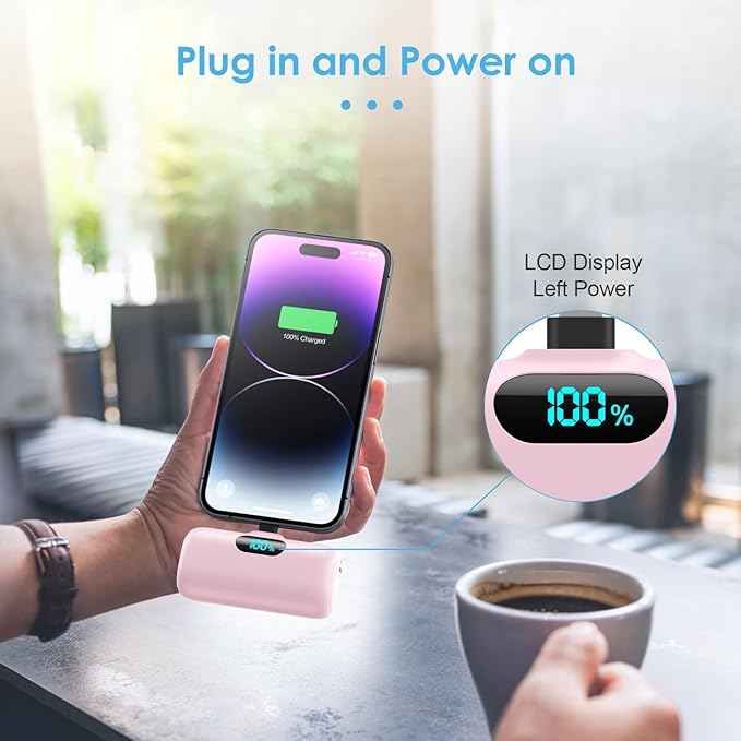 [2 Pack] Small Portable Charger for iPhone14/13, 5000mAh PD Fast Charging Power Bank, LCD Display Cute Mini Battery Pack Compatible with iPhone 14/14 Pro Max/13/13 Pro/12 Pro/11/XR/X/8-Black+Pink - Image 6
