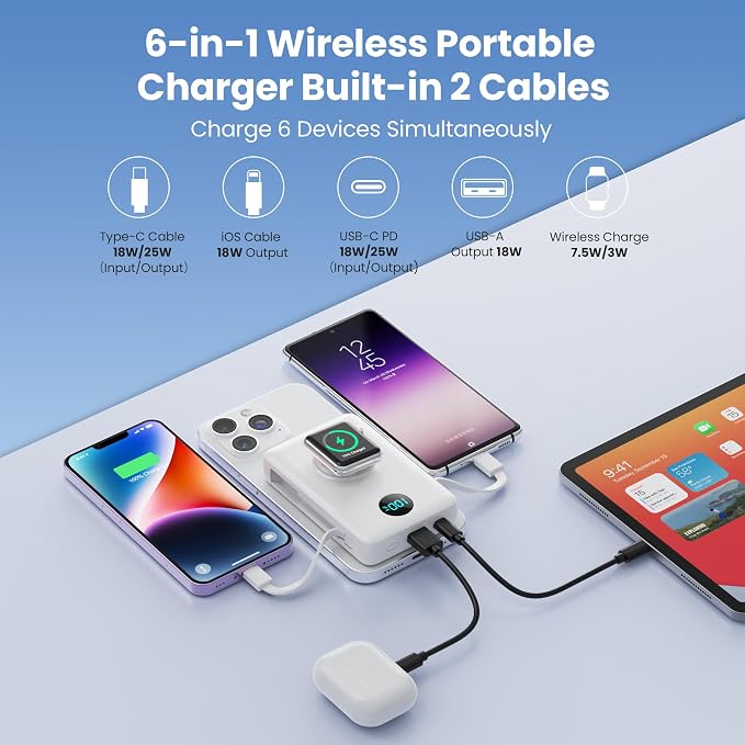 Magnetic Portable Charger for MagSafe with Built-in Cable, iWatch Charger, 10800mAh Wireless Power Bank Travel Essentials, 25W PD Fast Charging Battery Pack for iPhone 17/16/15/14/13,Apple Watch-White - Image 3
