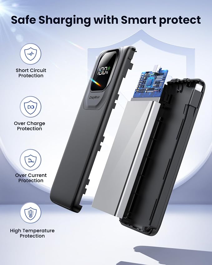 Portable Charger Power Bank with Built-in Type C Cables, 22.5W Fast Charging 10000mAh Phone Charger, Travel Battery Pack Slim Battery Bank with LED Display for iPhone, Android & USB-C (Black) - Image 7