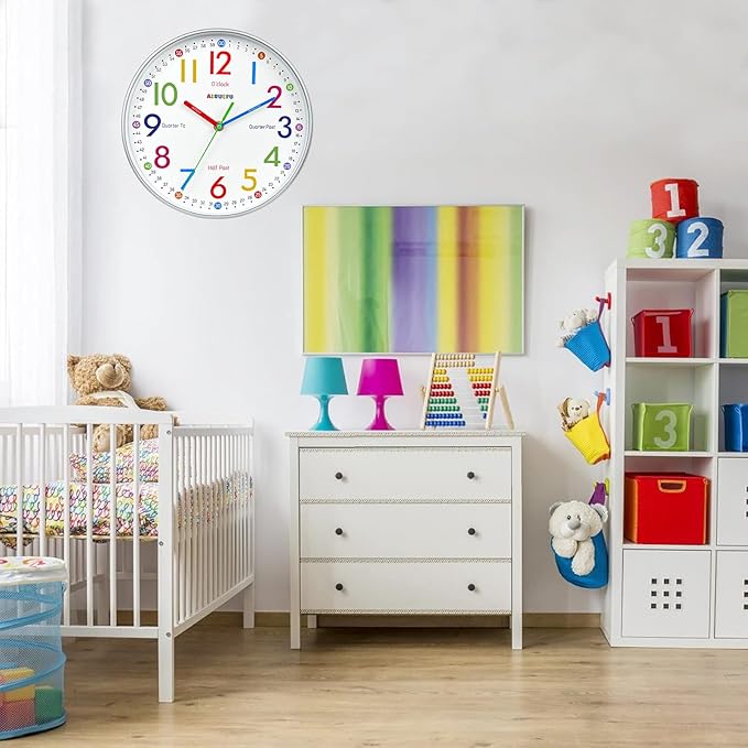 AIRUIFU Wall Clock for Kids Learning Tell Time Easily Non-Ticking Battery - Image 6