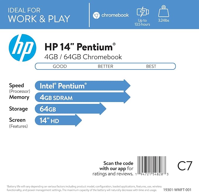 HP 14 Chromebook 14in HD Intel 4-core CPU 4GB RAM 64GB eMMC (Renewed) - Image 7