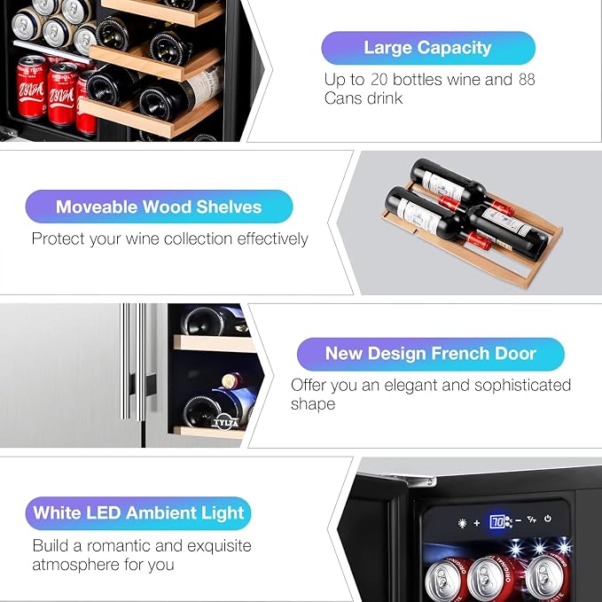 Wine and Beverage Refrigerator, 24 Inch Dual Zone Wine Beverage Cooler, Holds 20 Bottles and 88 Cans, Built-In and Freestanding, Seamless Glass Door, Under Counter Beer Wine Refrigerator - Image 6