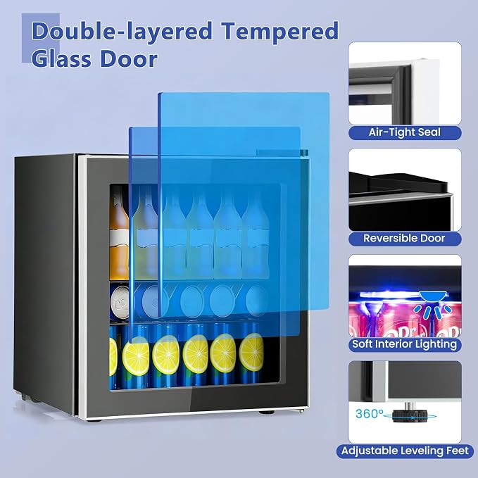 COSTWAY 60 Cans Beverage Refrigerator Cooler, Freestanding Mini Fridge | with Glass Door & Removable Shelves, Small Beverage Drink Fridge for Soda Beer Wine, 1.6 Cu.Ft - Image 6
