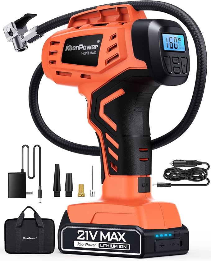 KeenPower Tire Inflator Air Compressor, 21V Cordless Car Tire Pump with Rechargeable Li-ion Battery, 12V Car Power Adapter, Digital Pressure Gauge, Suitable for Cars E-bikes Balls Motorcycles by KeenPower