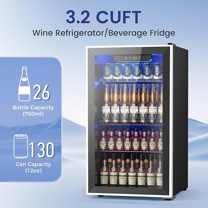 Electactic 26 Bottle Wine Cooler 130 Can Beverage Refrigerator, Small Freestanding Cabinet Wine Cellar with 40℉-61℉ Temperature Control Glass Door, Black - Image 2