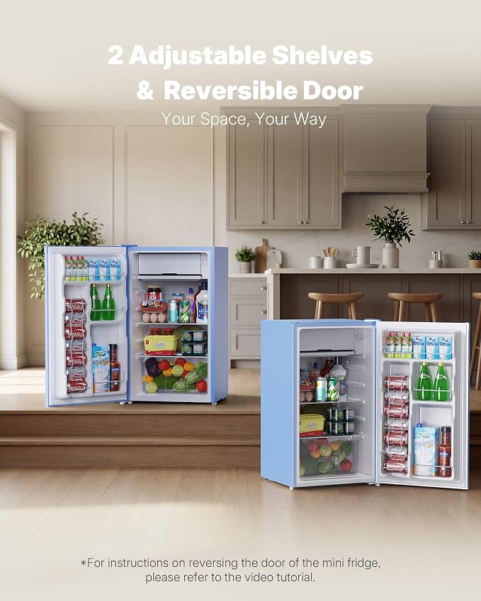 Upstreman 3.2 Cu.Ft Mini Fridge with Freezer, Blue-BR321 | Adjustable Thermostat, Energy Saving, Low Noise, Reversible Door, Small Refrigerator for Dorm, Bedroom, Office - Image 5