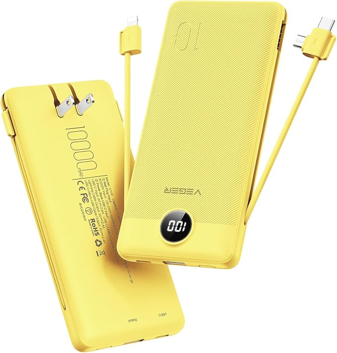 VEGER Portable Charger with Built-in AC Plug and Cables, All in One 10000mAh Ultra Slim Power Bank Travel Essentials, Fast Charging Battery Pack Compatible with iPhone, Samsung, Android (Yellow) by VEGER