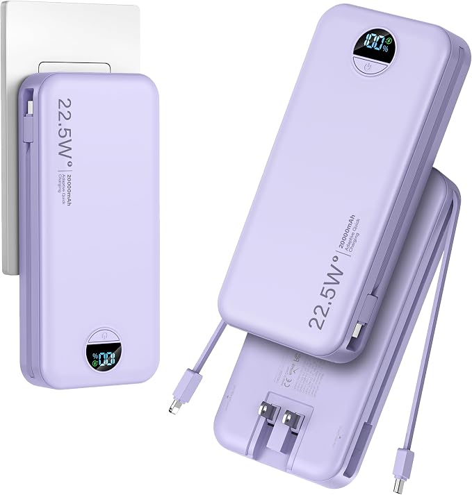 20000mAh Ultra-Portable-Charger-Power-Bank with Built in Cables&AC Wall Plug,PD20W USB-C Fast Charging Cell Phone Charger Battery Pack,LED Display Travel Battery Bank for All iPhone,Samsung,Android by AONIDI