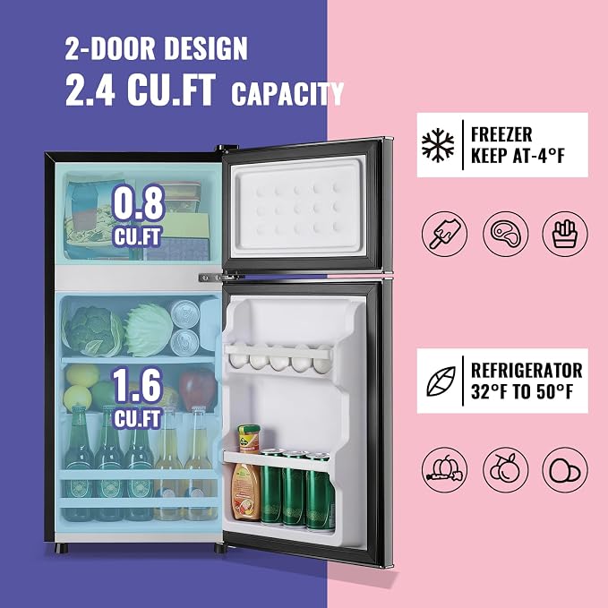 2.4 Cu.Ft Small Refrigerator with Freezer Mini Fridge Removable Plastic Shelves Ideal for Apartment,Dormitory Black - Image 2