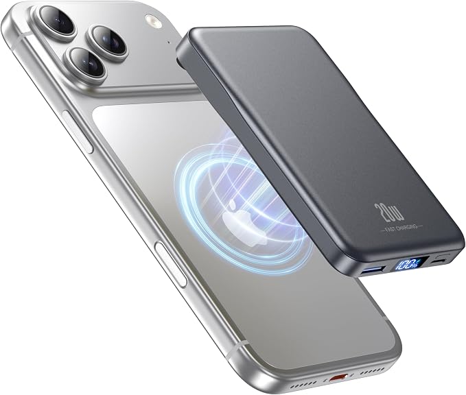 Aobbow Magnetic Portable Charger, 10000mAh for Magsafe Battery Pack, 20W Fast Charging Power Bank, Travel Essential of Wireless Charger Compatible with iPhone 17/16/15/14/13 Pro/Max/Air/Plus-SpaceGray by Unknown