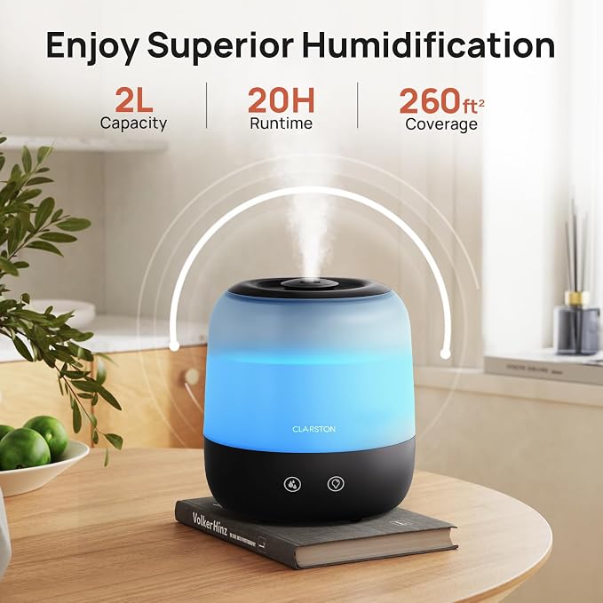 Clarston Humidifiers for Bedroom, 2L Top Fill with 360° Nozzle for Large Room, 7-Color Night Light, 24dB Quiet Cool Mist Air Humidifier for Baby Nursery & Plants, No BPA, Auto Shut Off, Easy to Clean - Image 2
