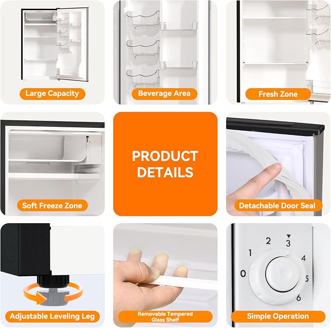 3.2 Cu. Ft. Mini Fridge with Freezer Small Refrigerator, for Bedroom, Single Door, Energy Saving, Low Noise,for Office (Grey) - Image 9
