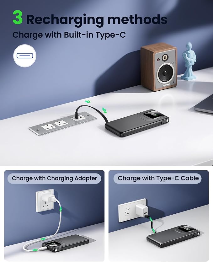 Portable Charger Power Bank with Built-in Type C Cables, 22.5W Fast Charging 10000mAh Phone Charger, Travel Battery Pack Slim Battery Bank with LED Display for iPhone, Android & USB-C (Black) - Image 2