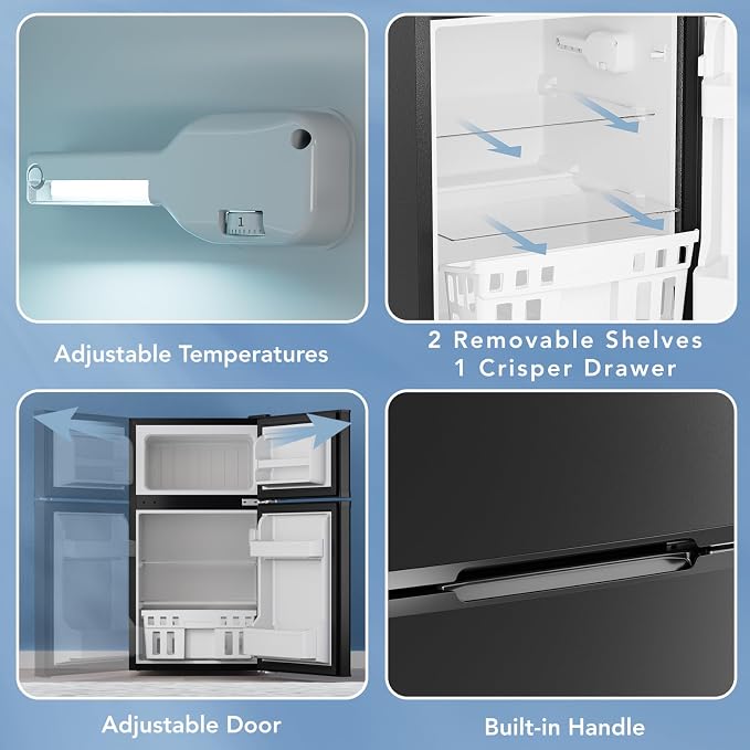 Electactic 3.1 Cu.Ft Mini Fridge with Freezer for Bedroom Office, Black | 2 Reversible Door, Removable Glass Shelves, Adjustable Thermostat, Energy Efficient Compact Small Refrigerator for Dorm - Image 3