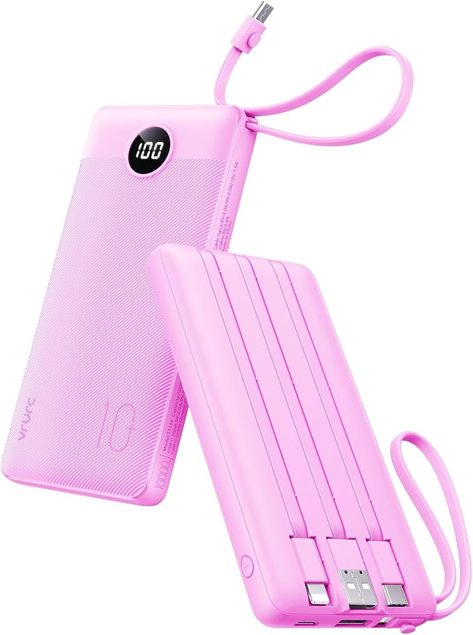 VRURC Portable Charger 10000mAh, Travel Essentials Battery Pack, 5 Output 2 Input Power Bank, Built-in Micro & USB C Cables Phone Charger for iPhone 17 Pro 17 16 15 14 13,Android-Purple(1 Pack) by Home