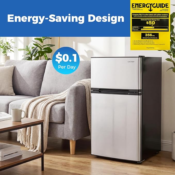 COSTWAY 3.2 Cu.Ft. Mini Fridge with Freezer, 2 Door for Office Bedroom Dorm | Compact Small Refrigerator with Reversible 2 Door, Adjustable Thermostat, Removable Glass Shelves for Food & Drink, Silver - Image 4