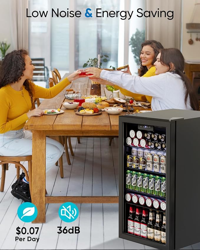 Feelfunn 3.2 Cu.Ft Mini Fridge with Glass Door - 126 Can Beverage Refrigerator Cooler for Drink Beer Wine Soda, Small Fridge for Bedroom Office Bar Dorm, 4 Adjustable Shelves, Black - Image 6