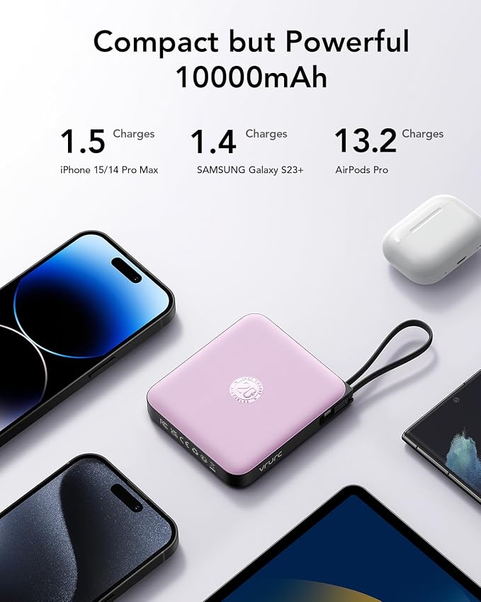 VRURC Portable Charger with Built-in Cable, 10000mAh 22.5W Fast Charging USB C Battery Pack, Cell Phone Power Bank for iPhone 17 16 15 Series Android Tablet (Purple) - Image 3