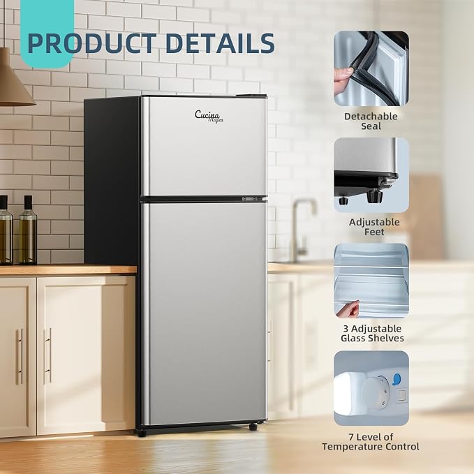 3.8 Cu Ft Mini Fridge for Bedroom Small Fridge, Small Refrigerator | 2 Door Mini Fridge with Freezer 7 Level Thermostat, LED Light, for Bedroom, Office, Dorm - Image 5