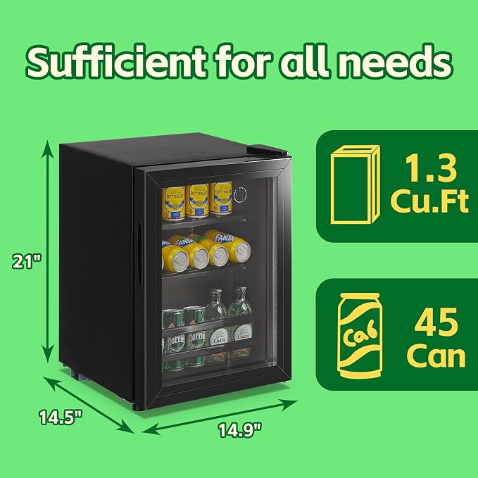 Beverage Refrigerator Cooler 1.3 Cu.Ft 45 Can Mini Small Fridge Black | Large Capacity with Glass Door, Adjustable Shelves for Soda Beer Wine, Perfect for Home Bar Office - Image 3
