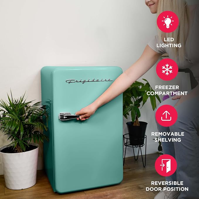 Frigidaire Retro Compact Refrigerator with Chiller, 3.2 cu ft Countertop Fridge, Built-In Bottle Opener, Rounded Corners, Premium, for Office, Bedroom, Dorm Room, Cabin, 18.5D x 20W x 31.5H (Mint) - Image 3
