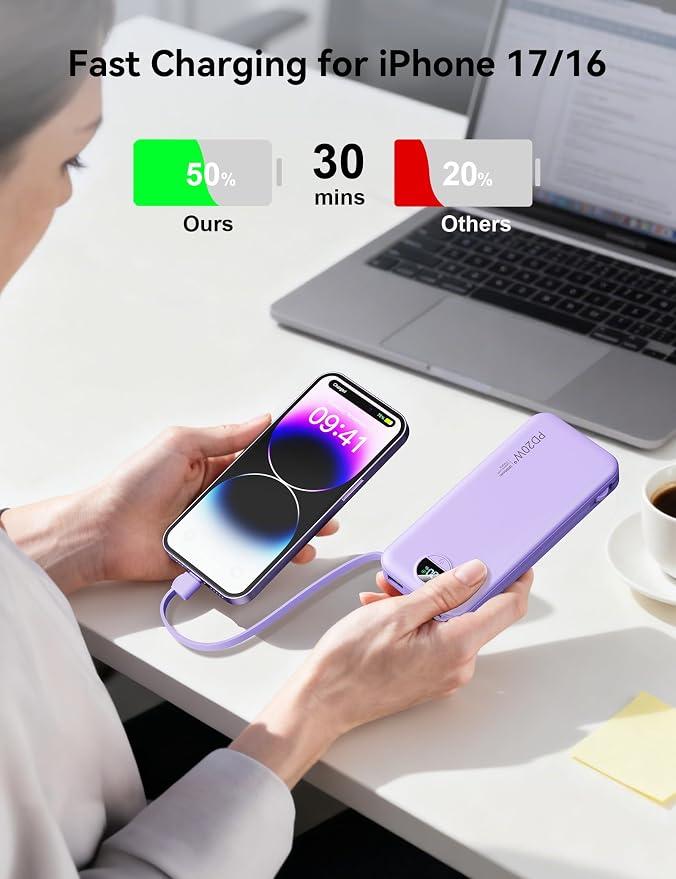10000mAh Ultra-Portable-Charger-Power-Bank with Built in Cables&AC Wall Plug, PD20W USB-C Fast Charging Cell Phone Charger Battery Pack,LED Display Travel Battery Bank for All iPhone,Samsung,Android - Image 3