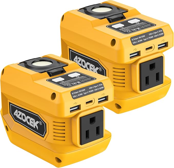 220W Azocek Power Inverter Compatible with Dewalt 20V Battery (Battery not Included), DC 20V to AC 110V, 2 USB Ports & 1 Type-C Fast Charging, 400LM LED Work Light (2-Pack) by Azocek