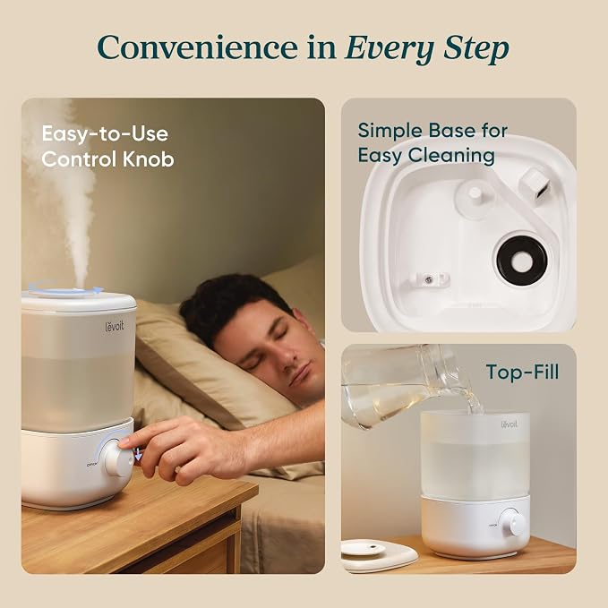 LEVOIT Top Fill Humidifiers for Bedroom, 2.5L Tank for Large Room, Easy to Fill & Clean, 28dB Quiet Cool Mist Air Humidifier for Home Baby Nursery & Plants, Auto Shut-off for Safety, 25H - Image 5