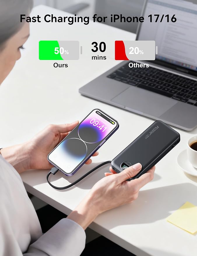 10000mAh Ultra-Portable-Charger-Power-Bank with Built in Cables&AC Wall Plug, PD20W USB-C Fast Charging Cell Phone Charger Battery Pack,LED Display Travel Battery Bank for All iPhone,Samsung,Android - Image 3
