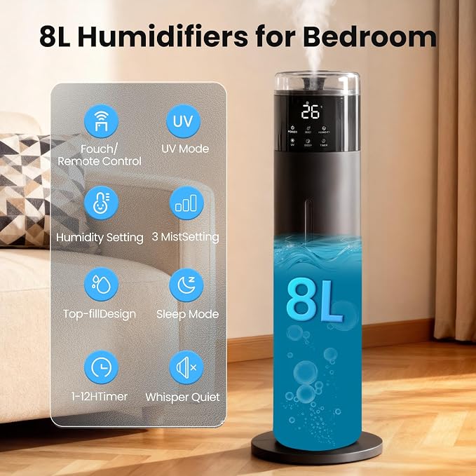Large Humidifier for Bedroom, 8L/2.1Gal Ultrasonic Cool Mist, Remote control,Easy Clean with 350ML/H Large Mist Speed, Suitable for Kids Room Plant Yoga Study Room Office (Black) - Image 3