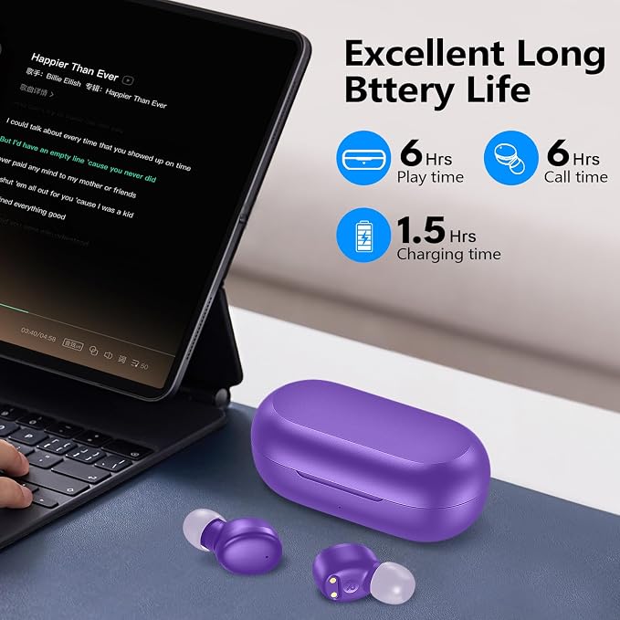 kurdene Wireless Earbuds Bluetooth 5.3 Light Weight in Ear Headphones | Premium Sound Bass Ear buds with Charging Case,Touch Control,Built in Mics Headset,Clear Calls for Sports Workout Purple - Image 4