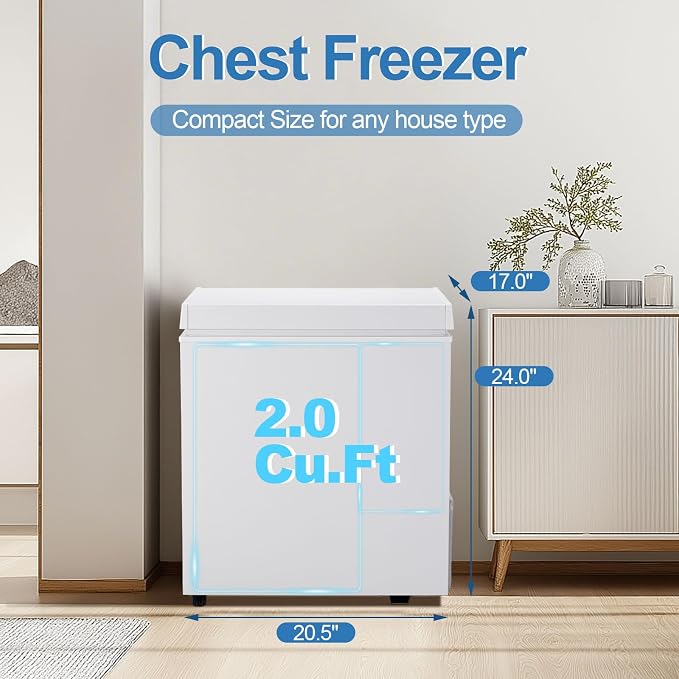 Erivess 2.0 Cu Ft Compact Chest Freezer, Mini Deep Freezer 7 Temp Settings | Energy Saving & Low Noise Free Standing Top open Door Small Freezer, Reversible Door, Removable Shelves, Small freezer, Home - Image 2