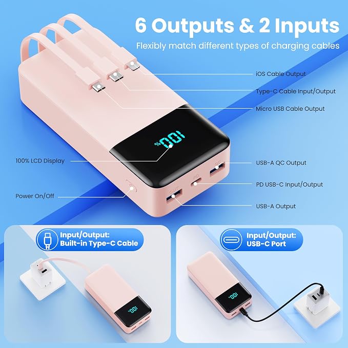 Portable Charger 50800mAh Power Bank with 3 Built in Cables,25W PD QC4.0 Fast Charging USB C Battery Pack,6 Outputs 2 Inputs Travel Essentials Phone Charger for iPhone 17/16/15,Google,Android,Pink - Image 5