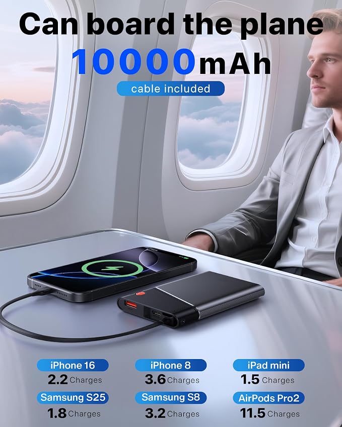 Aaoyun Portable Charger Power Bank, 10000mAh 22.5W PD Fast Charging Powerbank with Built-in USB C Cable, Slim External Phone Battery Pack for iPhone 17/16/15 Samsung S24 Android etc (Grey) - Image 5
