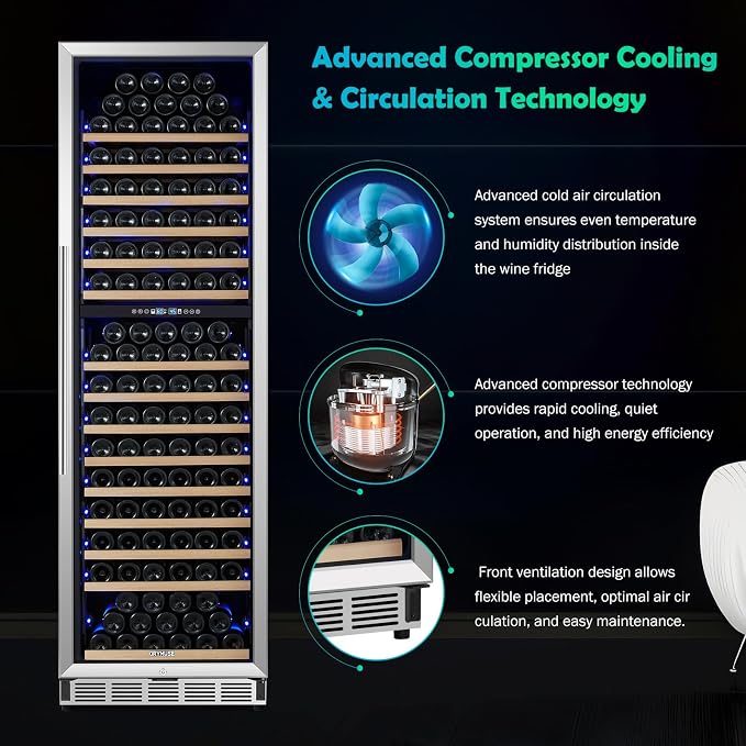 200 Bottle Dual Zone Wine Fridge - 24 Inch Large Wine Cooler Refrigerator, Freestanding and Built-in Design, Upgraded Compressor Cooling, Intelligent Temperature Memory - Image 5