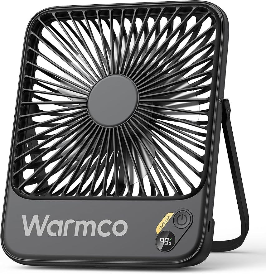 Warmco 10000mAh Portable Travel Fan 7-inch, Max 24H Runtime, Ultra-thin Quiet Rechargeable Battery Operated Desk Fan with Digital Display for Camping, Office, Bedroom, Cruise Essentials by Warmwinterscoolsummers