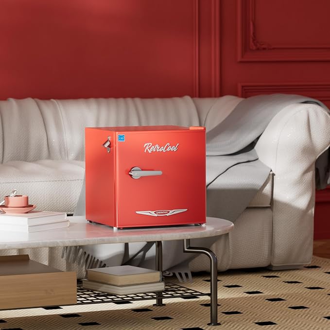 Upstreman 1.7 Cu.Ft Retro Mini Fridge, Low Noise, Energy Saving, Adjustable Thermostat, Single Door, Side Bottle Opener, Metal Handle, Compact Refrigerator for Office, Bedroom, Dorm-FR17 PRO (Red) - Image 8
