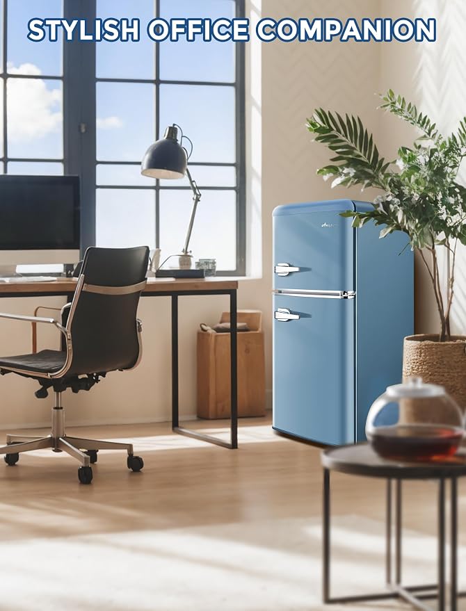 Anypro 3.2 Cu.Ft Refrigerator, Retro Double Door Fridge with Freezer, 7 Adjustable Temperature Settings, Removable Glass Shelves for Dorm, Office, Bedroom, Apartment, Sky Blue - Image 8