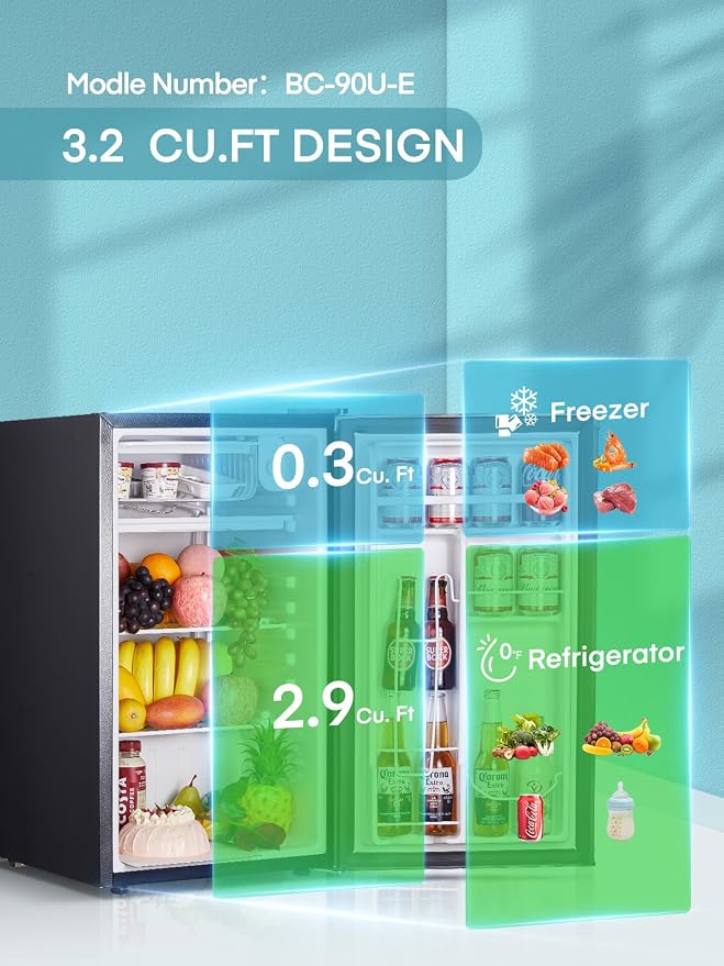 FOHERE 3.2 Cu. Ft Mini Fridge with Freezer, Single Door Compact Refrigerator, Small Fridge with 7 Adjustable Thermostat for Dorm, Bedroom, Office, Reversible Door, Energy Saving, Low Noise, Black - Image 2