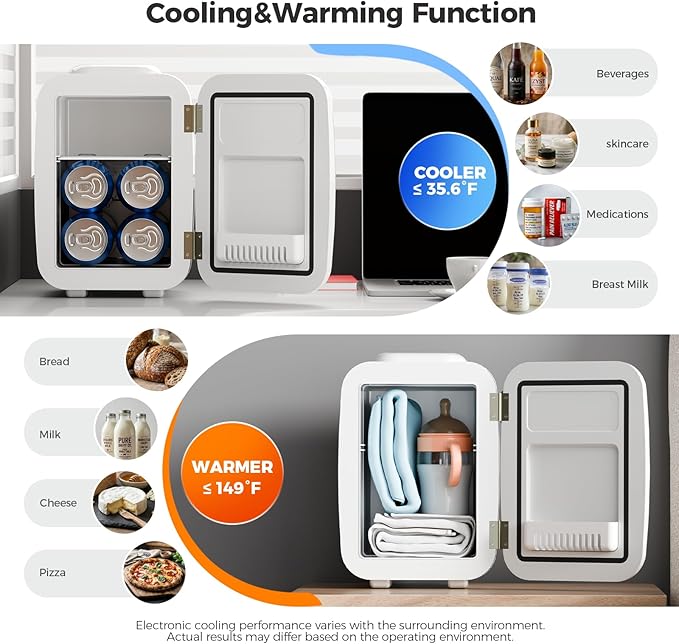 Mini Fridge for Bedroom - 4 Liter/6 Can Mini Makeup Fridge, 110V AC/ 12V DC Portable Thermoelectric Cooler&Warmer for Skincare, Drink, Cosmetic, Medicine, Small fridge for Bedroom, Office, Dorm, Car - Image 2