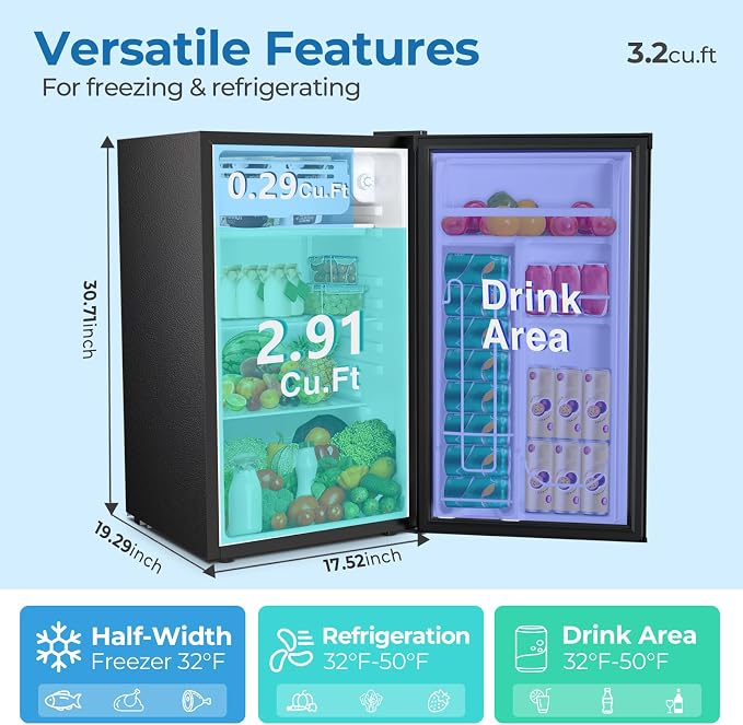 Electactic 3.2 Cu.ft Mini Fridge with Freezer, Compact Refrigerator with Reversible Single Door, Adjustable Thermostat, Low Noise, Energy Efficient for Office, Dorm, Bedroom, Apartment (Black) - Image 3