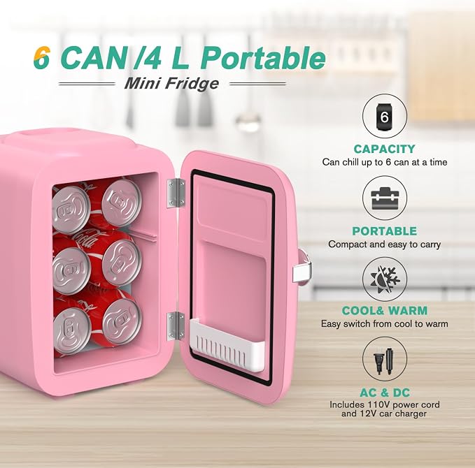 CROWNFUL Mini Fridge, 4 Liter/6 Can Portable Cooler and Warmer Personal Refrigerator for Skin Care, Cosmetics, Beverage, Food,Great for Bedroom, Office, Car, Dorm, ETL Listed (Pink) - Image 2