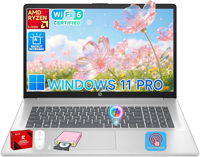 HP 17 Touchscreen Laptop Computer, AMD Ryzen 5 7430U, 17.3" Anti-Glare Display, Backlit Keyboard, 16GB RAM, 512GB SSD, Windows 11 Pro, for Business & Student, Fast Charge, AI Copilot, w/Accessories by Unknown