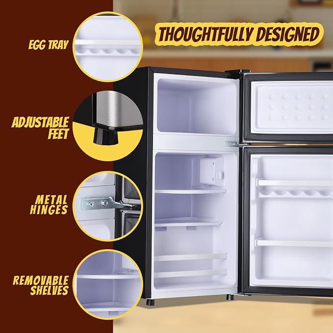 Mini Fridge with Freezer Small Refrigerator Double Door Dorm Fridge for Single Removable Shelves for Bedroom, Office, Dorm Black - Image 5