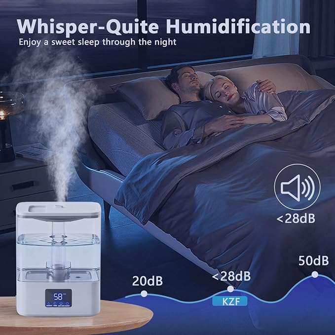 KZF 4L Top Fill Humidifiers for Bedroom & 60H Runtime - Cool Mist Humidifier, 3 Mist Levels, 8H Timer, Essential Oil Tray, Humidity Display, Quiet for Bedroom, Baby, Plants, Large Room (White, 4L) - Image 6