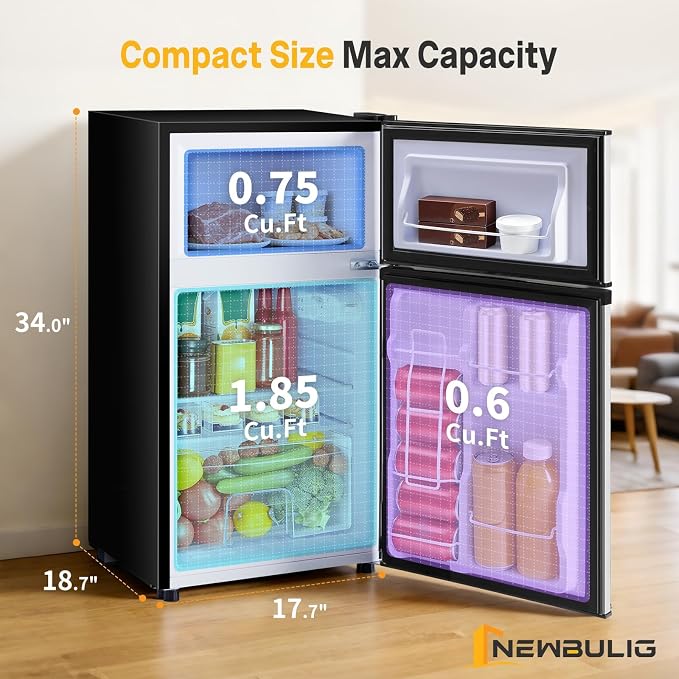 NEWBULIG Mini Fridge with Freezer 3.2 Cu.Ft Small Refrigerator for Office, Dorm, Small Fridge with Adjustable Thermostat, Energy Saving, Dual Door, Sliver - Image 6