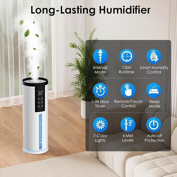 Humidifiers for Large Room 550 ft² - GloryAir 8L Cool Mist Humidifier for Bedroom Home Plants Baby, Top Fill, 120H Runtime, 4 Mist Spray Levels, 7-Color Light, 35dB Quiet Humidifier - Image 3