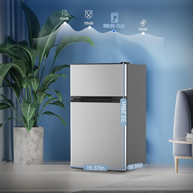 Electactic 3.1 Cu.Ft Mini Fridge with Freezer for Bedroom Office, Silver | 2 Reversible Door, Stainless Steel, Removable Glass Shelves, Adjustable Thermostat, Energy Saving, Small Fridge for Dorm - Image 7
