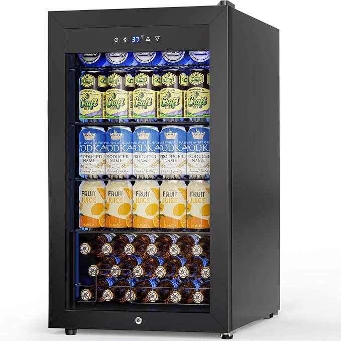 Velivi Mini Fridge 3.2 Cu.Ft Small Beverage Refrigerator 126 Can Lockable Drink Cooler with Glass Door, Safety Lock, for Beer Soda Black | 126 Can Drink Cooler with Glass Door, Safety Lock, for Beer Soda Black by Velivi